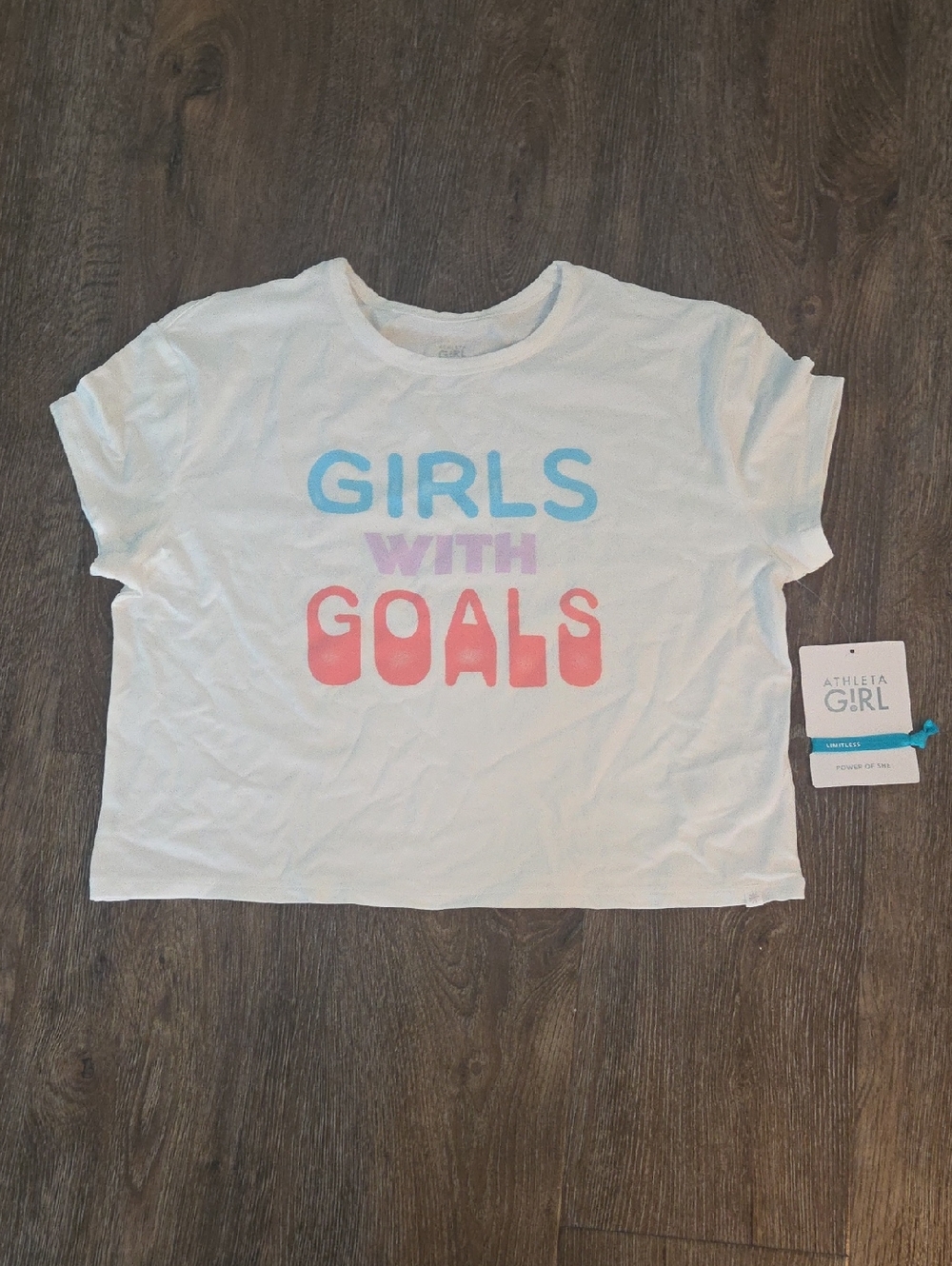 NWT Athleta Girl White Tee with Blue, Pink and Coral Graphic 'Girls With Goals'